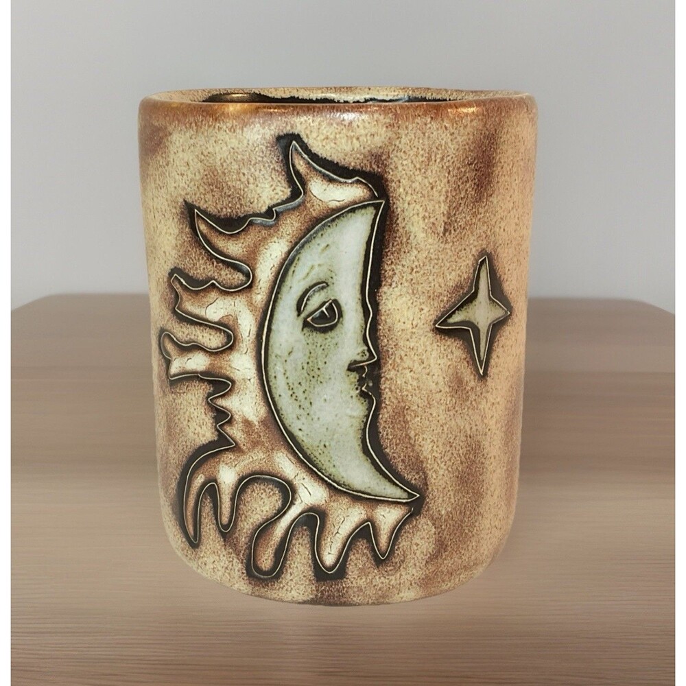 Mara Art Pottery Stoneware Mexico Mug Moon Celestial Signed 12oz Brown